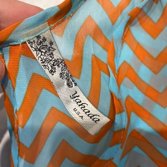 Yahada Sheer Blouse Top Shirt Size Small Turquoise Orange Chevron 3/4 Sleeve - Picture 9 of 13
